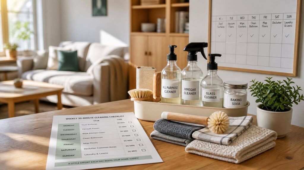 Sala de estar iluminada com kit de limpeza organizado e checklist semanal sobre a mesa