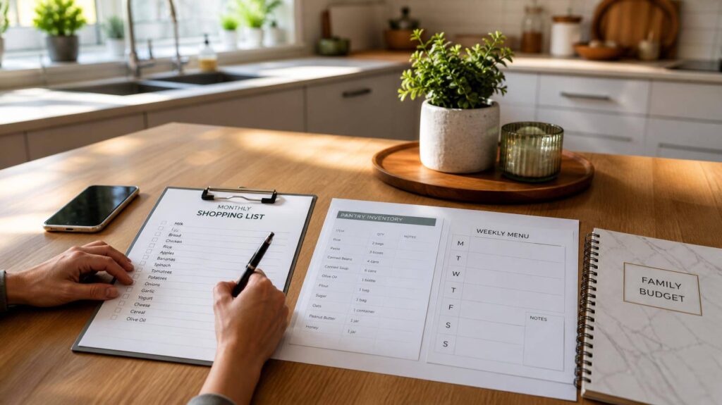 Pessoa escrevendo lista de compras e planejando menu semanal na cozinha organizada