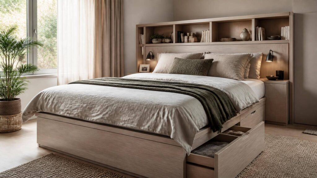 Quarto moderno e funcional com cama box com baú, cabeceira com nichos e mesas laterais compactas, iluminado por luz natural.