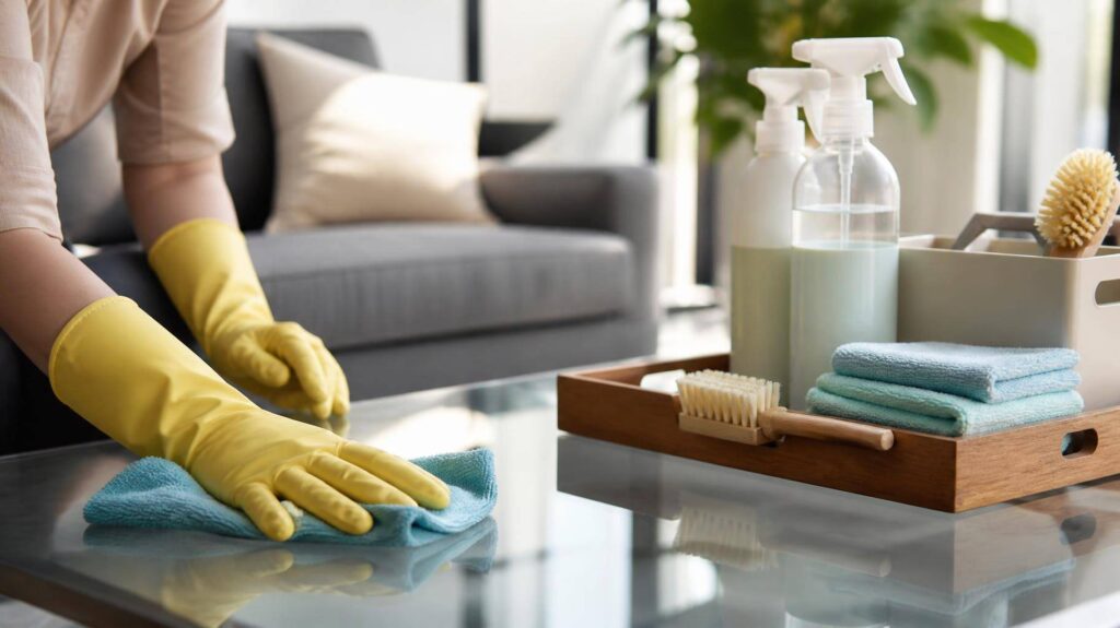 Mãos com luvas de borracha amarelas limpando uma mesa de vidro em uma sala de estar moderna, com um kit de limpeza organizado ao lado.