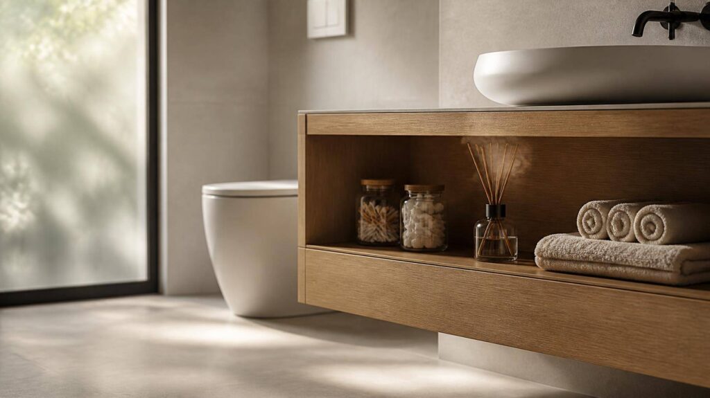 Banheiro minimalista organizado com gabinete de madeira, iluminação natural e difusor de aromas
